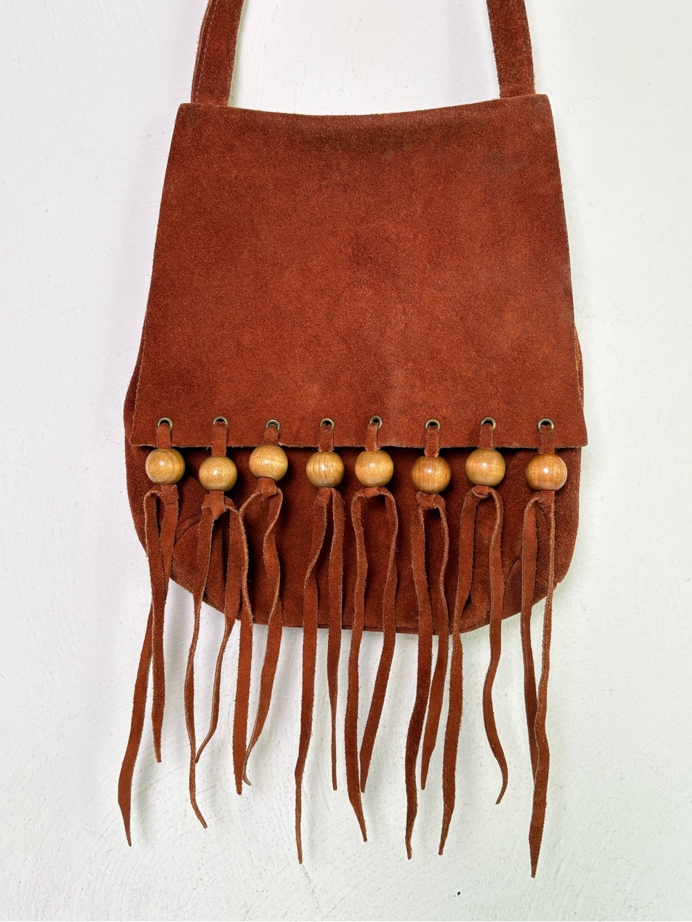 Vintage Handmade Genuine Suede Leather Wooden Bead Fringe Boho Bag Purse 70s